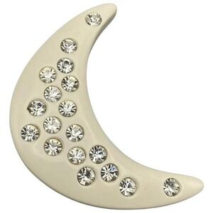 Vintage Crescent‎ Moon Brooch Plastic Embedded Rhinestones Celestial